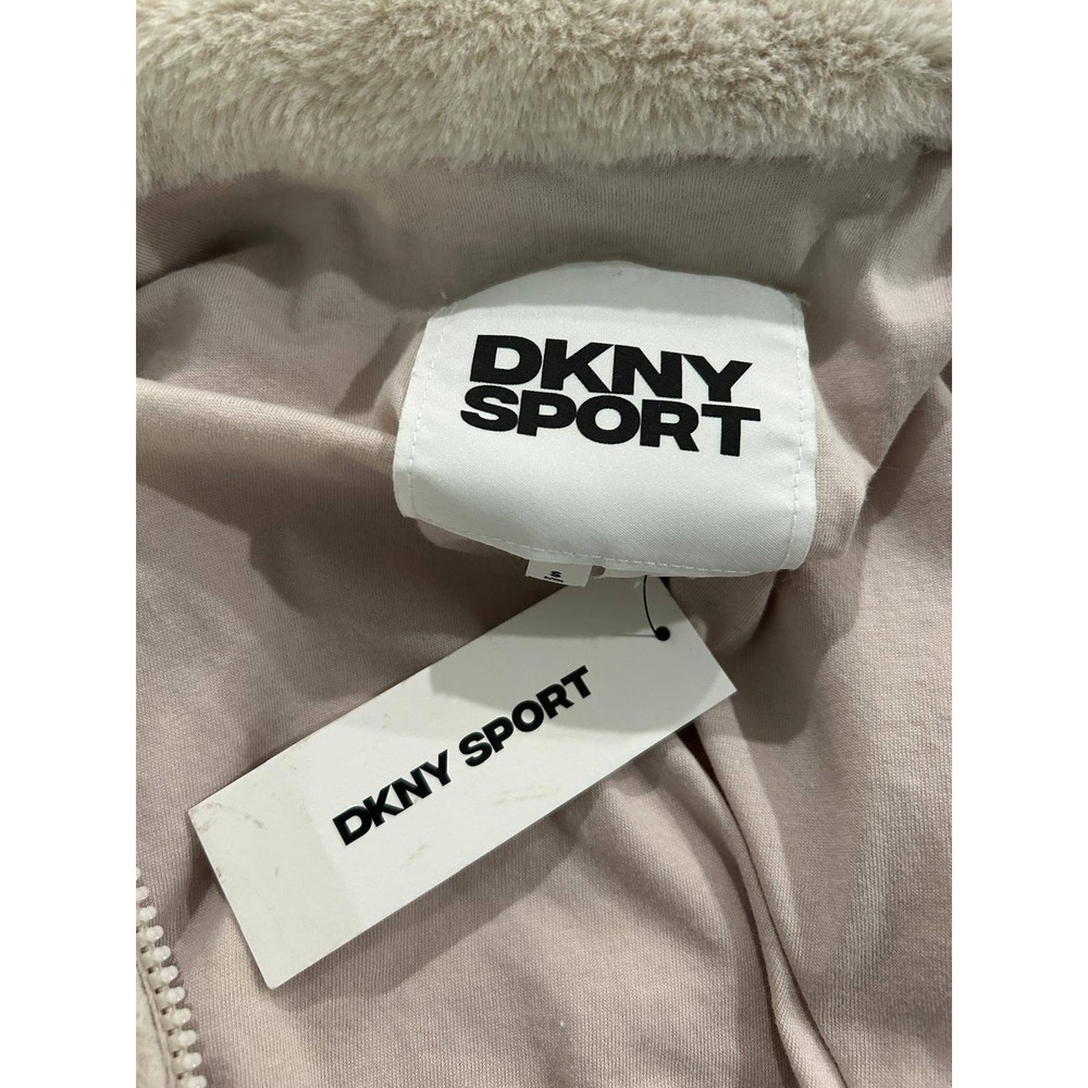 DKNY Sport Womens Faux Fur Hooded Bomber Jacket Blush Beige Detachable Hoodie - Picture 7 of 8